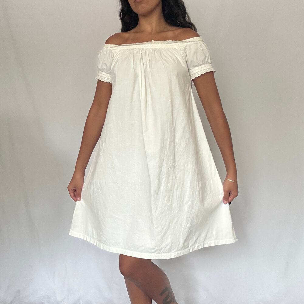 Antique 1888 Victorian White Cotton Eyelet Nightgown Chemise Dress